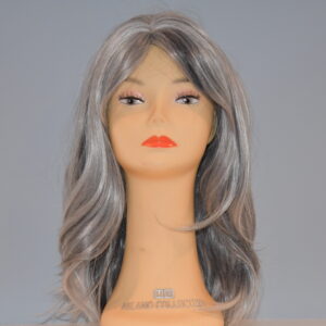 long gray synthetic wig on mannequin head