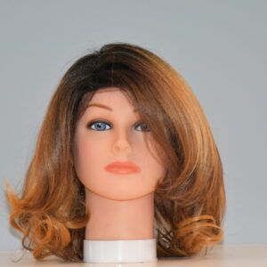 medium length brown synthetic wig on mannequin head