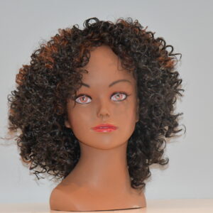 short black synthetic wig on mannequin head