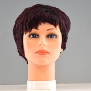 short black synthetic wig on mannequin head