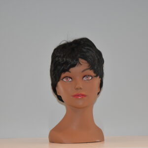 short black synthetic wig on mannequin head