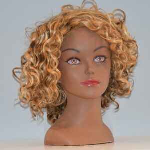 short blonde synthetic wig on mannequin head