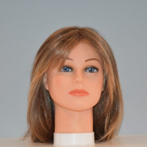 medium length blonde synthetic wig on mannequin head