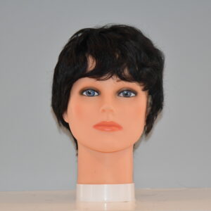 short black synthetic wig on mannequin head