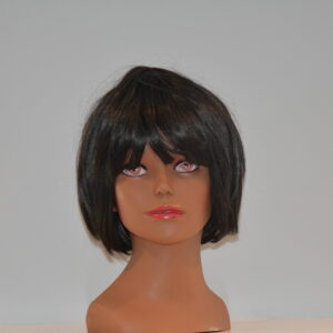 short black synthetic wig on mannequin head