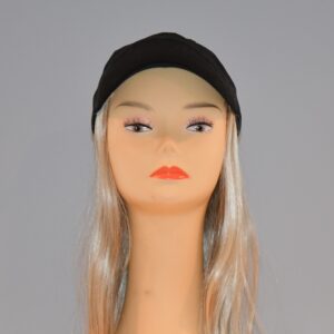long blonde synthetic wig attached to hat on mannequin head