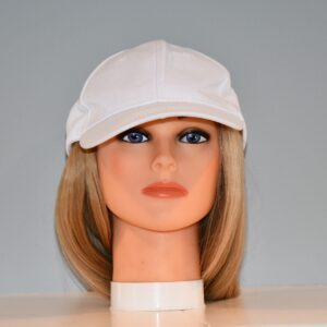 medium length blonde synthetic wig attached to hat on mannequin head