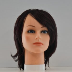 short black synthetic wig on mannequin head