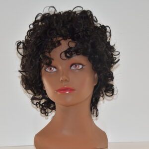 short black synthetic wig on mannequin head