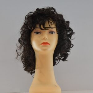 medium length curly black synthetic wig on mannequin head