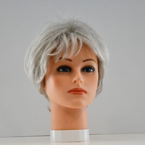 short gray synthetic wig on manequin head