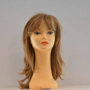long blonde synthetic wig on mannequin head