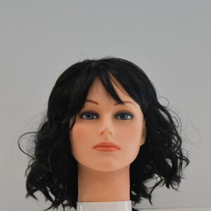 medium length black synthetic wig on mannequin head