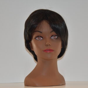 short black synthetic wig on mannequin head