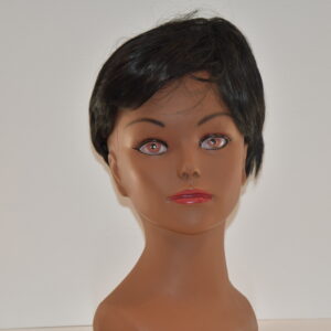 short black synthetic wig on mannequin head
