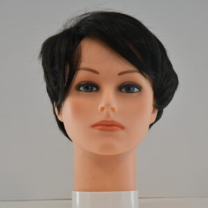short black synthetic wig on mannequin head