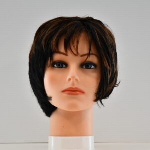 short black synthetic wig on mannequin head