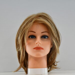 medium length blonde synthetic wig on mannequin head