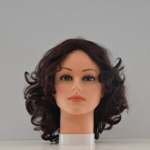 medium length brown synthetic wig on mannequin headd