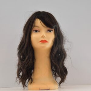 long brown synthetic wig on mannequin head