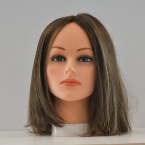 medium length brown synthetic wig on mannequin head