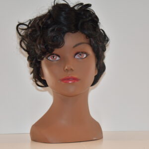 short black synthetic wig on mannequin head
