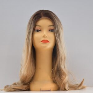 long blonde synthetic wig on mannequin head