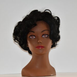 short black curly synthetic wig on mannequin head