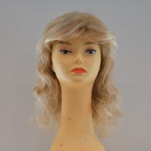 long blonde synthetic wig on mannequin head