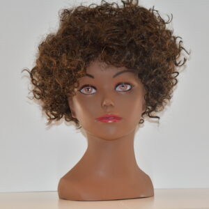 short brown curly black synthetic wig on mannequin head