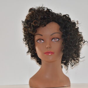 short black curly synthetic hair wig on mannequin head