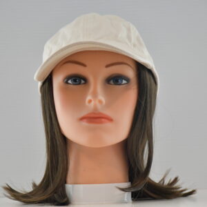 short brown hair attached to hat