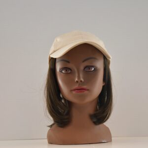 short brown hair attached to hat